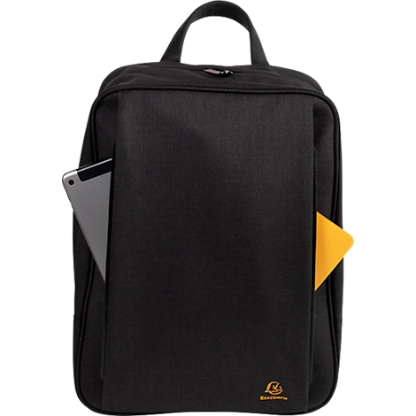 Schwarzer Rucksack mit Tablet-Tasche, Griff und gelbem Detail. Logo am unteren Rand.