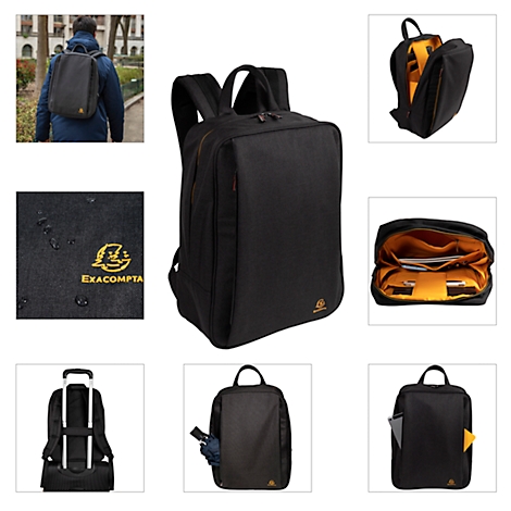 Schwarzer Rucksack mit Innenfächern. Der Schriftzug EXACOMPTA ist goldfarben. Die Tasche ist in verschiedenen Ansichten abgebildet.