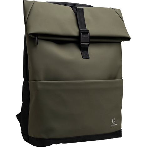 Olivgrüner Rucksack mit schwarzem Verschluss. Der obere Teil ist umgeklappt, mit einer schwarzen Schnalle verschlossen.
