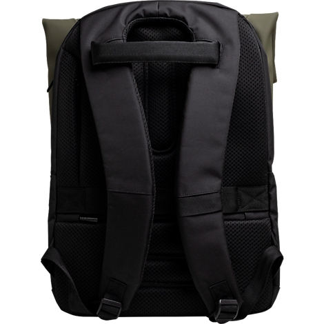 Schwarzer Rucksack von hinten. Gepolsterte Träger und Rückenteil. Tragegriff. Dunkelgrüner Umschlag.