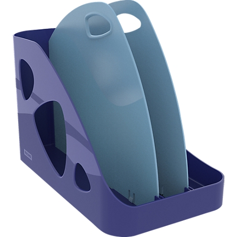 Porte-documents bleu-violet, deux compartiments, poignées, forme incurvée, découpes latérales.