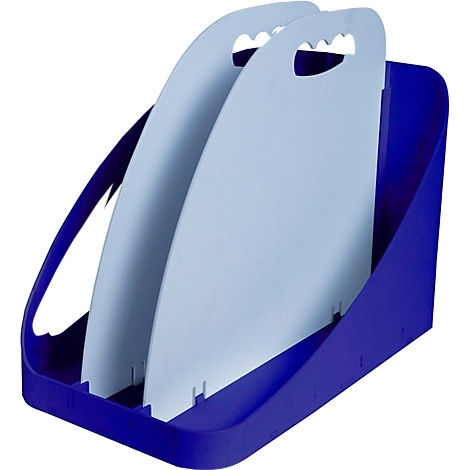 Blauer Papierkorb mit zwei hellblauen Trennwänden. Grifflöcher oben.