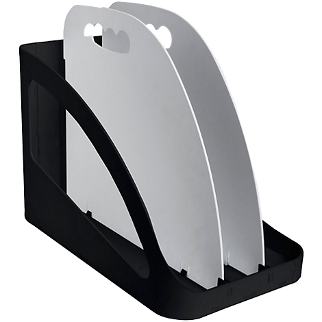 Schwarzer Dokumenten-Organizer mit grauen Trennwänden. Die Trennwände haben herzförmige Griffaussparungen.