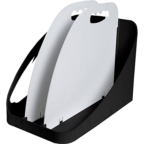 Schwarzer Dokumentenhalter mit weißen Trennwänden und Griffen.