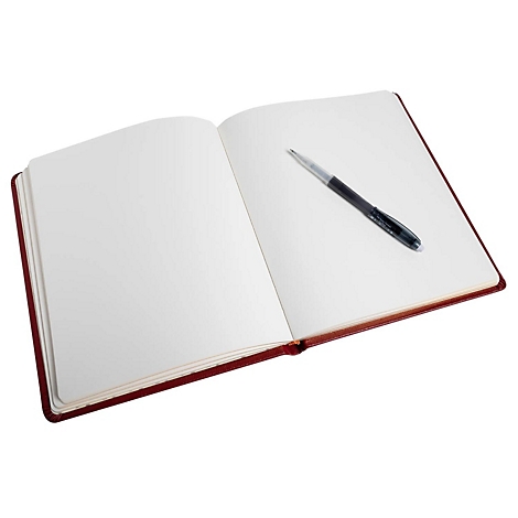 Ein offenes Notizbuch mit leerem Papier und einem Stift liegt auf einer weißen Oberfläche.