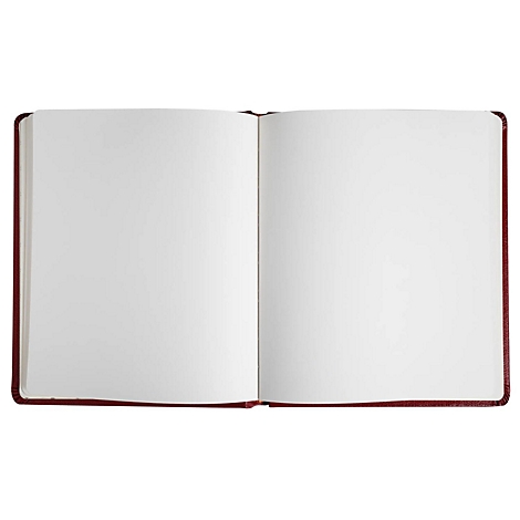 Aufgeschlagenes Notizbuch, rotbrauner Einband, leere Seiten.