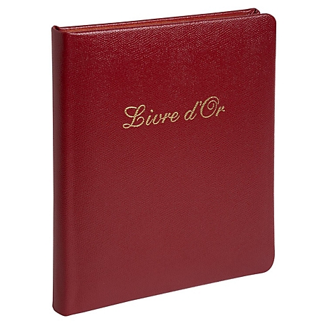 Rotes, ledergebundenes Buch mit goldener Schrift: Livre d'Or.
