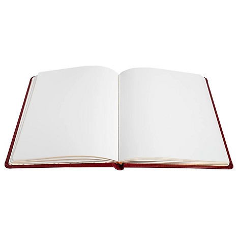 Offenes, rotes Notizbuch mit leeren, weißen Seiten vor weißem Hintergrund.