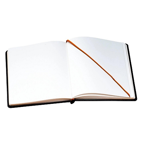 Geöffnetes Notizbuch mit leerem, weißem Papier, orangefarbener Lesezeichen und schwarzem Einband.