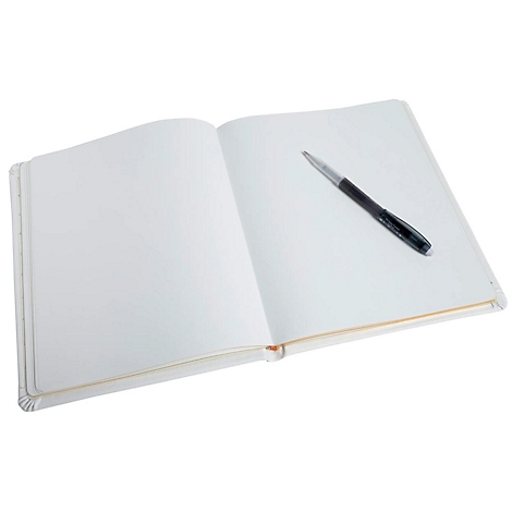 Aufgeschlagenes Notizbuch mit einem Stift. Die Seiten sind weiß, der Stift schwarz und silber.