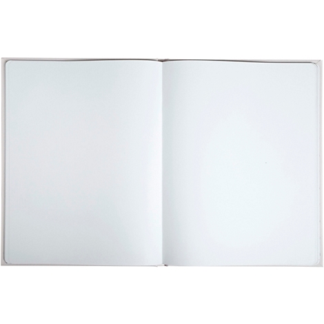 Ein offenes Notizbuch mit leeren, weißen Seiten. Der Einband ist hellgrau.
