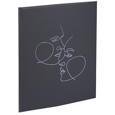 Dunkelgraues Buch mit weißer Linienzeichnung zweier Gesichter. Minimalistisches Design, klare Linien.