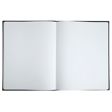 Aufgeschlagenes Notizbuch, leere weiße Seiten. Schwarzer Einband.