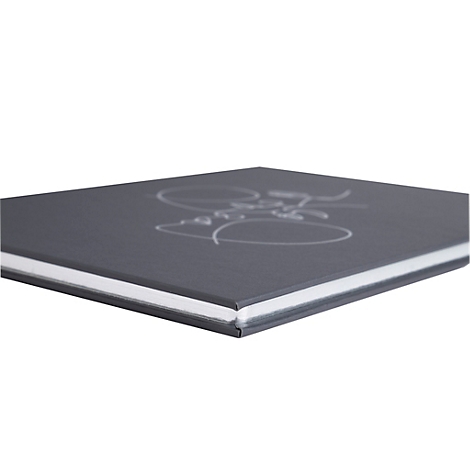 Graues Buch mit weißem Papier und Schriftzug, Perspektive.