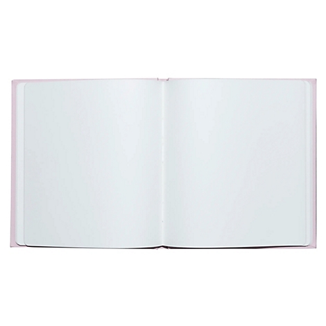 Ein offenes, leeres Notizbuch mit hellrosa Einband. Die Seiten sind weiß.