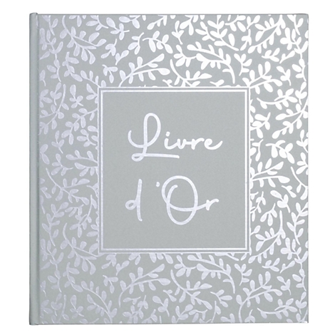 Hellgraues Buch mit silbernen Blättern. Zentral steht in Weiß: Livre d'Or.