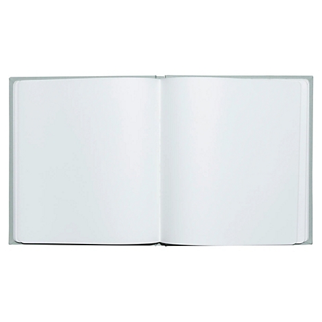 Geöffnetes, leeres Notizbuch mit hellgrauem Einband. Die Doppelseite bietet viel Raum für Notizen oder Zeichnungen.