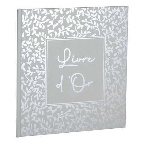 Hellgraues Gästebuch, bedruckt mit Blättern und dem Text 'Livre d'Or'.