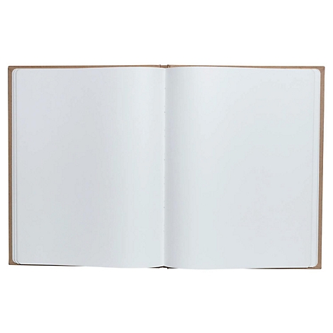 Aufgeschlagenes Notizbuch mit leeren, weißen Seiten. Der Einband ist braun.