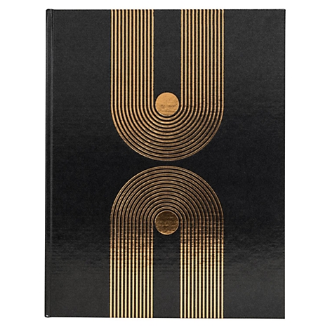 Schwarzes Notizbuch mit goldenem, geometrischem Design, das einen Halbkreis und einen Bogen bildet.