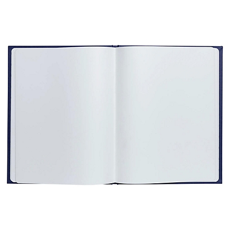 Aufgeschlagenes Notizbuch mit leerem, weißem Papier und blauem Einband.