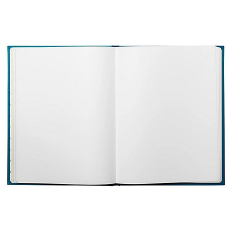 Aufgeschlagenes Notizbuch mit leerer, weißer Doppelseite und blauem Einband.