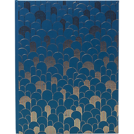 Blaues Muster mit goldenen Bögen und Linien. Das Design wiederholt sich über die gesamte Oberfläche.