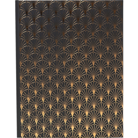 Schwarzer Hintergrund mit goldenem, fächerförmigem Muster. Einband mit geometrischem Design.