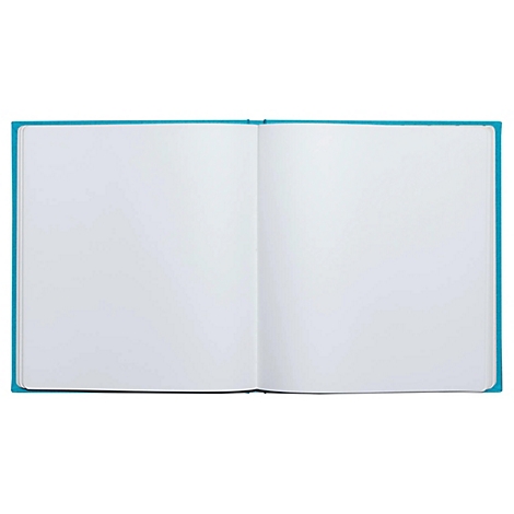 Aufgeschlagenes Notizbuch mit leerem, weißem Papier, hellblauer Einband.
