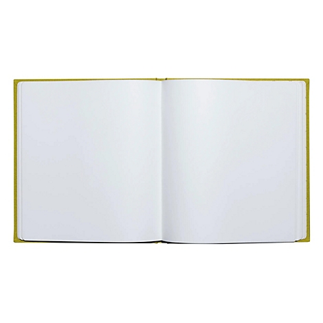 Aufgeschlagenes Buch mit leeren, weißen Seiten. Der grüne Einband ist sichtbar.