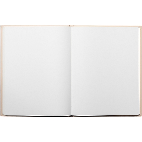 Ein offenes Notizbuch mit leeren, weißen Seiten. Der Einband ist hellbraun.