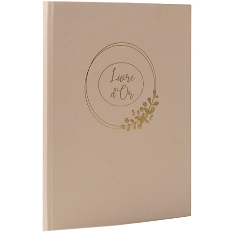 Beigefarbenes Buch mit goldener Verzierung und dem Schriftzug "Livre d'Or".