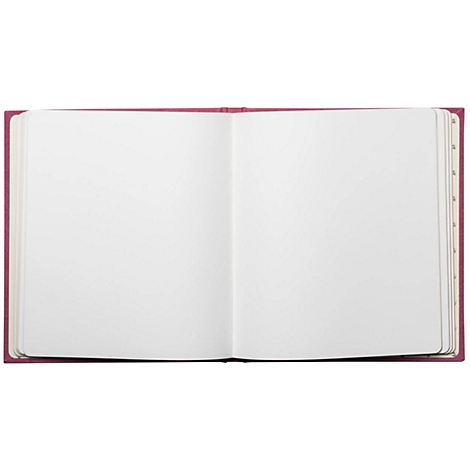 Aufgeschlagenes Notizbuch mit leerem, weißem Papier. Der Einband ist pink.