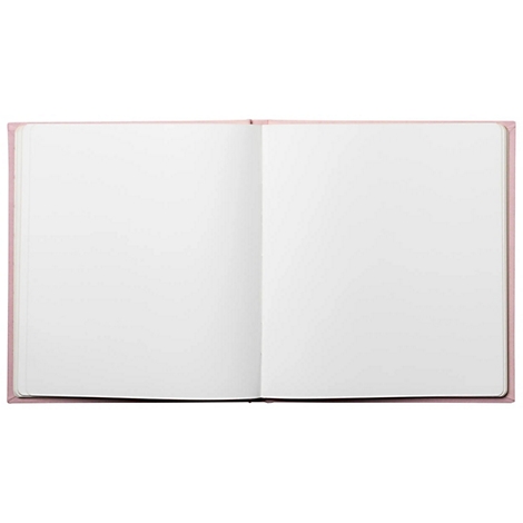Geöffnetes, rosa Notizbuch mit leeren, weißen Seiten. Der Einband und die Ränder sind rosa.