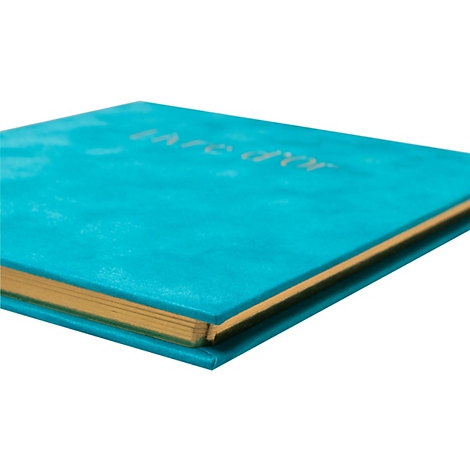 Türkisblaues Buch mit goldenem Schnitt, goldener Schriftzug.