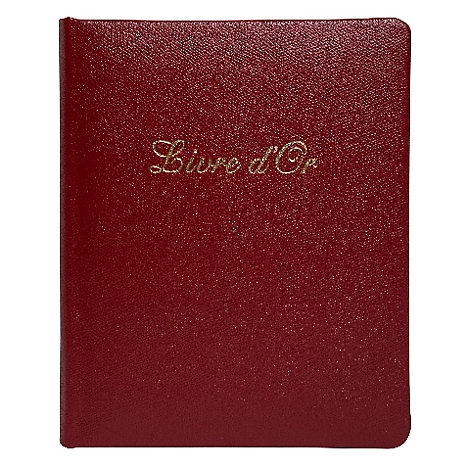 Bordeauxrood boek met gouden letters: Livre d'Or.