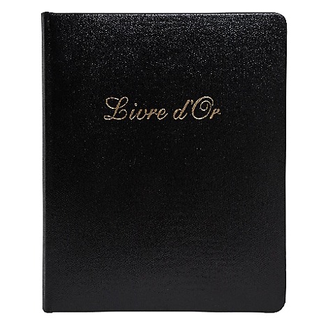Zwart boek met gouden letters: Livre d'Or. Afgeronde hoeken, licht gestructureerd oppervlak.