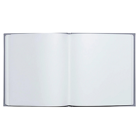 Open grijs notitieboek met lege witte pagina's.