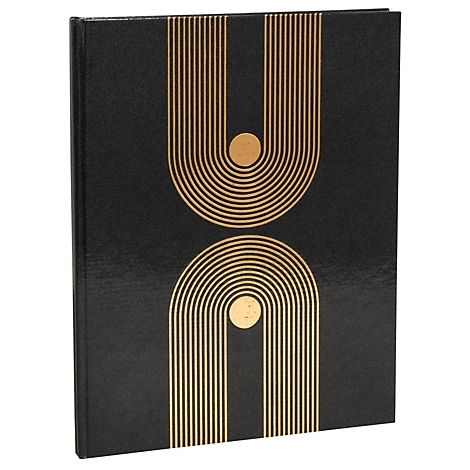 Een zwart boek met gouden, boogvormige patronen. Boven en beneden een gouden bol.