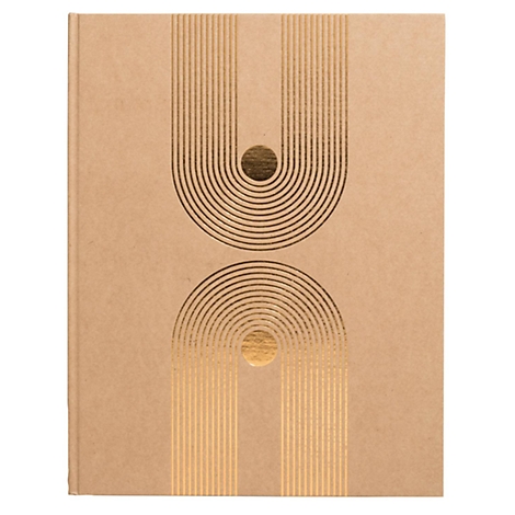 Beige notitieboek met gouden geometrische versieringen. Twee halve cirkels met stippen.