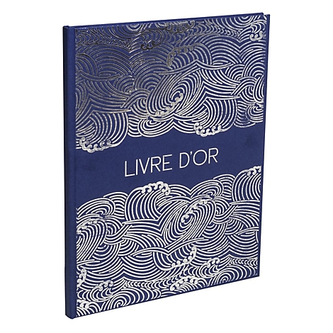 Blauw boek met zilveren golfpatroon en de tekst "Livre d'Or".