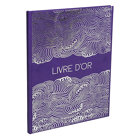 Paars boek met zilveren golfachtige versieringen. Er staat 'LIVRE D'OR'.