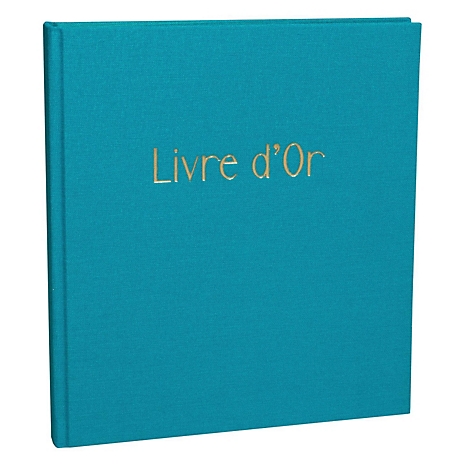 Turkooisblauw boek met gouden opdruk: 'Livre d'Or'.