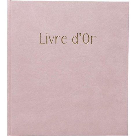 Lichtroze boek met gouden letters 'Livre d'Or'.