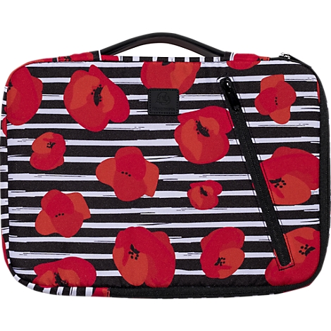 Sac noir à rayures blanches et coquelicots rouges. Poignée et fermeture éclair noires.