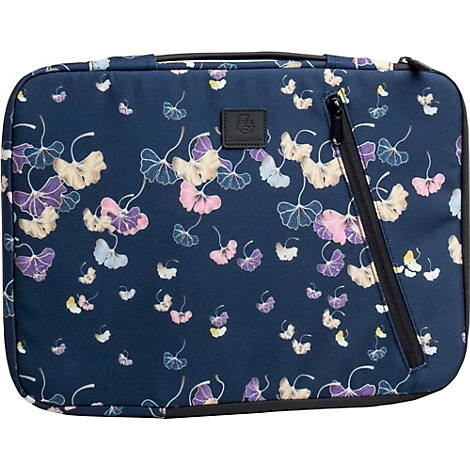 Housse d'ordinateur portable bleu foncé avec motif de feuilles de ginkgo pastel et fermeture éclair noire.