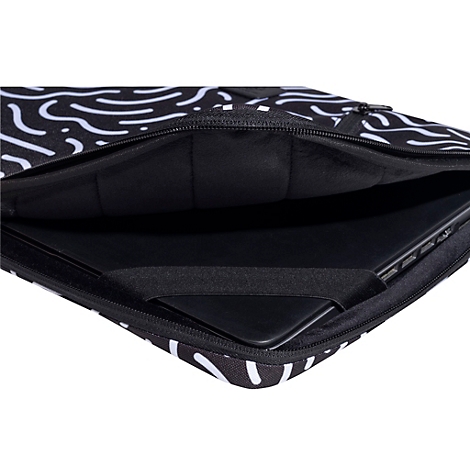 Housse d'ordinateur portable noire avec motif blanc, fermeture éclair et ordinateur portable.