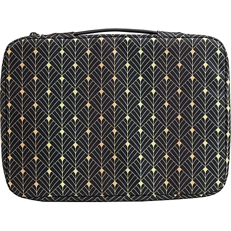Trousse de maquillage noire avec un motif Art Déco doré. Une poignée noire et une fermeture éclair sur le dessus.