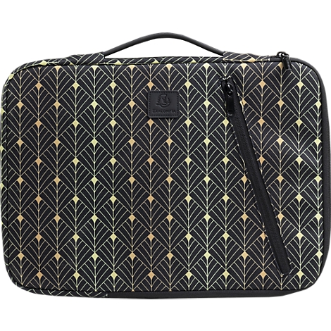 Trousse de maquillage noire avec un motif art déco doré, fermeture éclair et poignée.