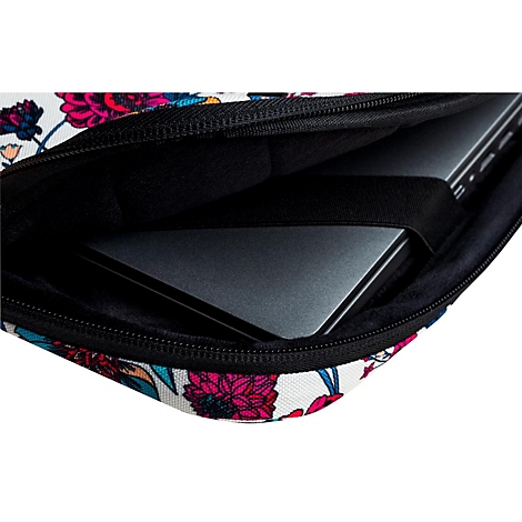 Ordinateur portable dans une housse à motifs floraux. L'étui est ouvert, l'ordinateur portable est visible. Fermeture éclair noire.